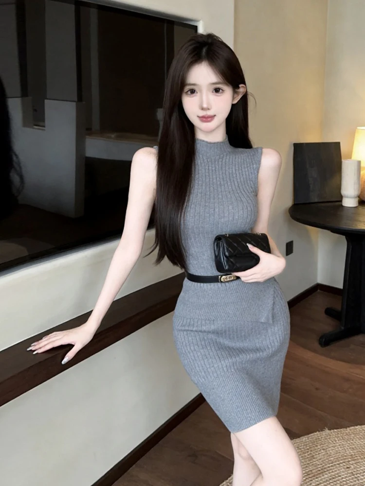 Korean Style Retro round Neck Sleeveless Asymmetrical Hem Knitted Vest Top Bodycon Skirt with Belt Set Women's Fashion Summer...