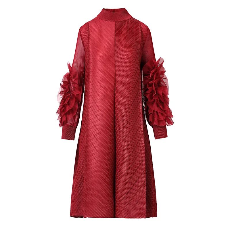 Miyake Ruffles Sleeves Pleated Dress For Women Turtleneck Neck Solid Color Stitching Dresses Female Elegant Clothing 2024 new