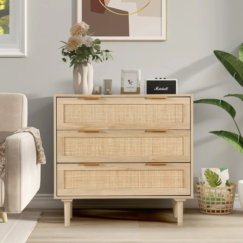 Large Nightstand with Rattan Drawer, Modern 3 Drawer, Wooden Bedside Table for Queen Size and King Size Bed