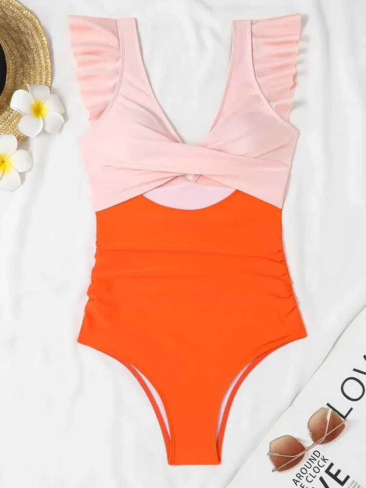 UETEEY 2025 New Summer Swimwear One Piece Swimsuit Sexy Contrast Color Ruffles One Piece Swimsuit Women Beach Vacation Bikinis