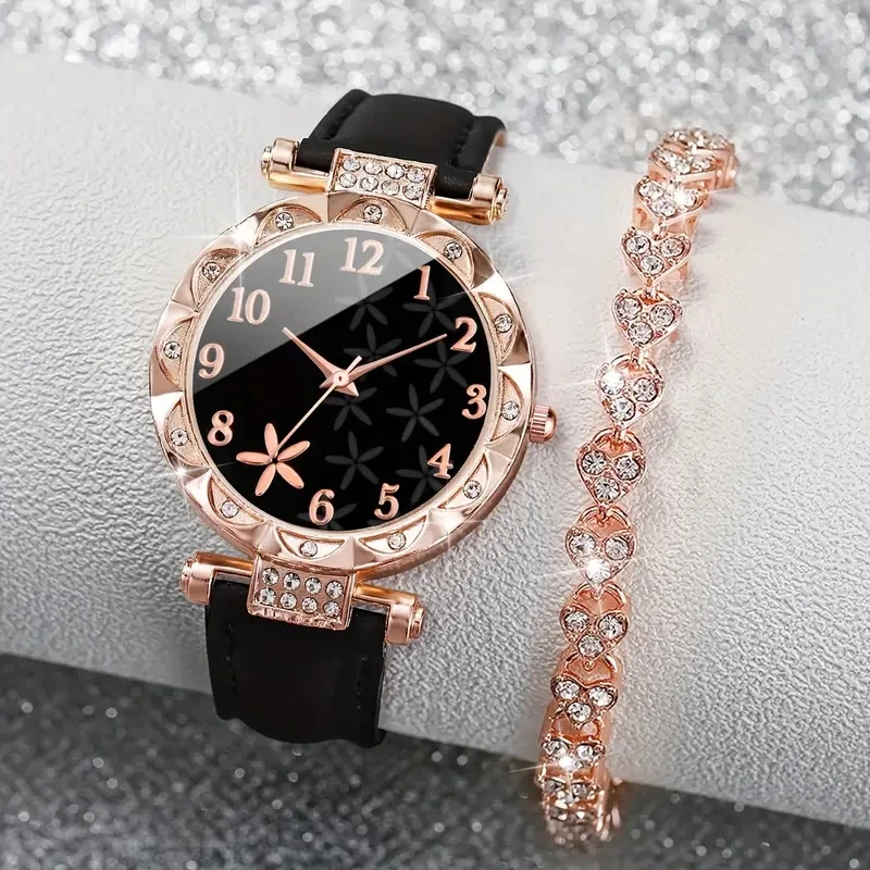Conjunto de 2 uds de relojes para mujer, reloj de cuarzo con esfera de escala Digital y elementos de flores a la moda de lujo, adecuado para combinar con ropa diaria