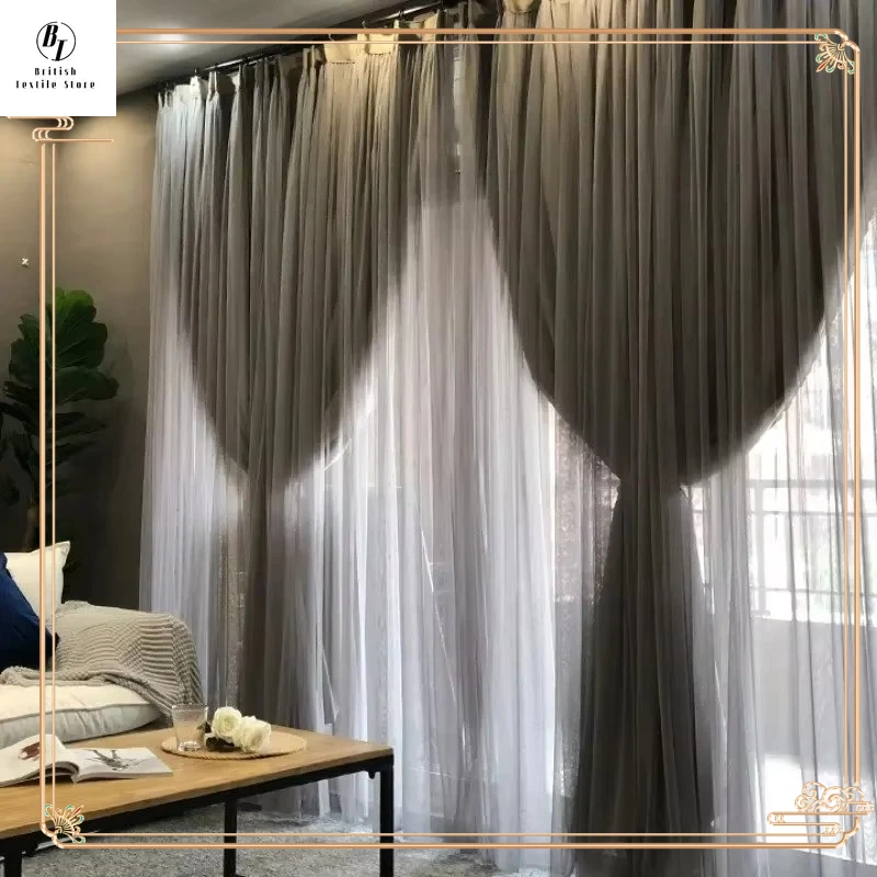 

European Luxury Double-layer Lace Dark Gray Tulle Curtains for Living Room Bedroom Dining Room Blackout Elegant Window Custom