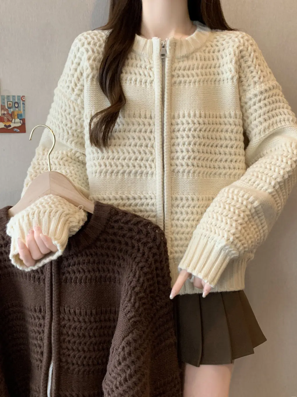 

plus Size Thick Knit Cardigan Sweater Winter Loose Slimming Design Double Zipper Knitted Top for plus Size Women Korean Style