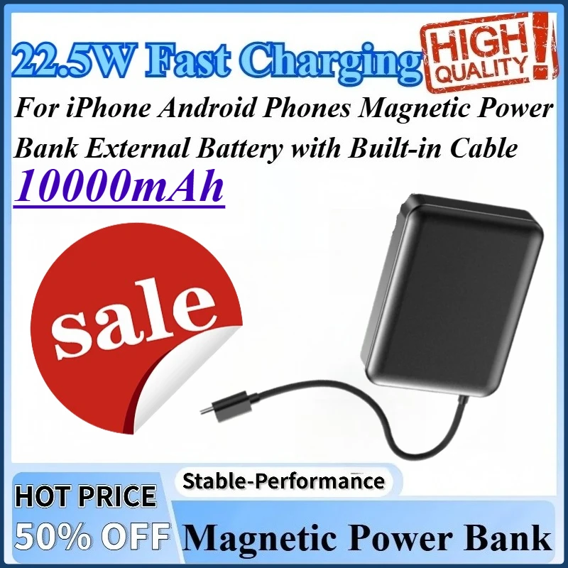 

10000mAh 22.5W Fast Charging Magnetic Power Bank Compatible For iPhone Android Phones External Battery with Built-in Cable