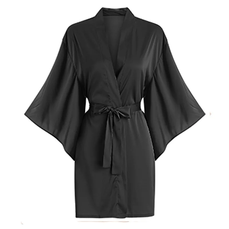 

Шелковый женский халат с коротким рукавом, новинка лета 2023, однотонный халат в японском стиле с галстуком, шелковая тонкая домашняя одежда