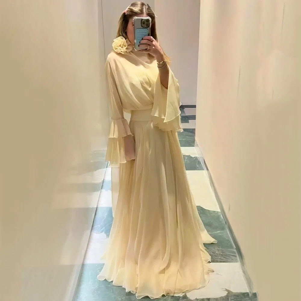 

Шифоновое вечернее платье на заказ с высоким воротом и длинными рукавами длиной до пола, платье для выпускного вечера в Дубае, модное плиссированное вечернее платье трапециевидной формы с цветочным принтом