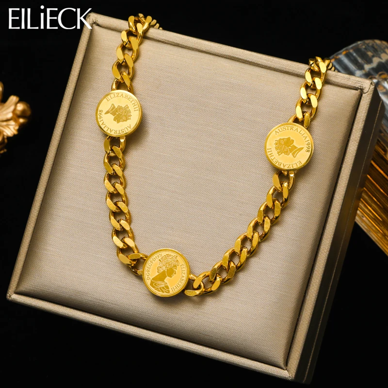 EILIECK 316L Stainless Steel Gold Plated Round Portrait Coin Chokers Necklace For Women Girl New Neck Chain Jewelry Gift Collar