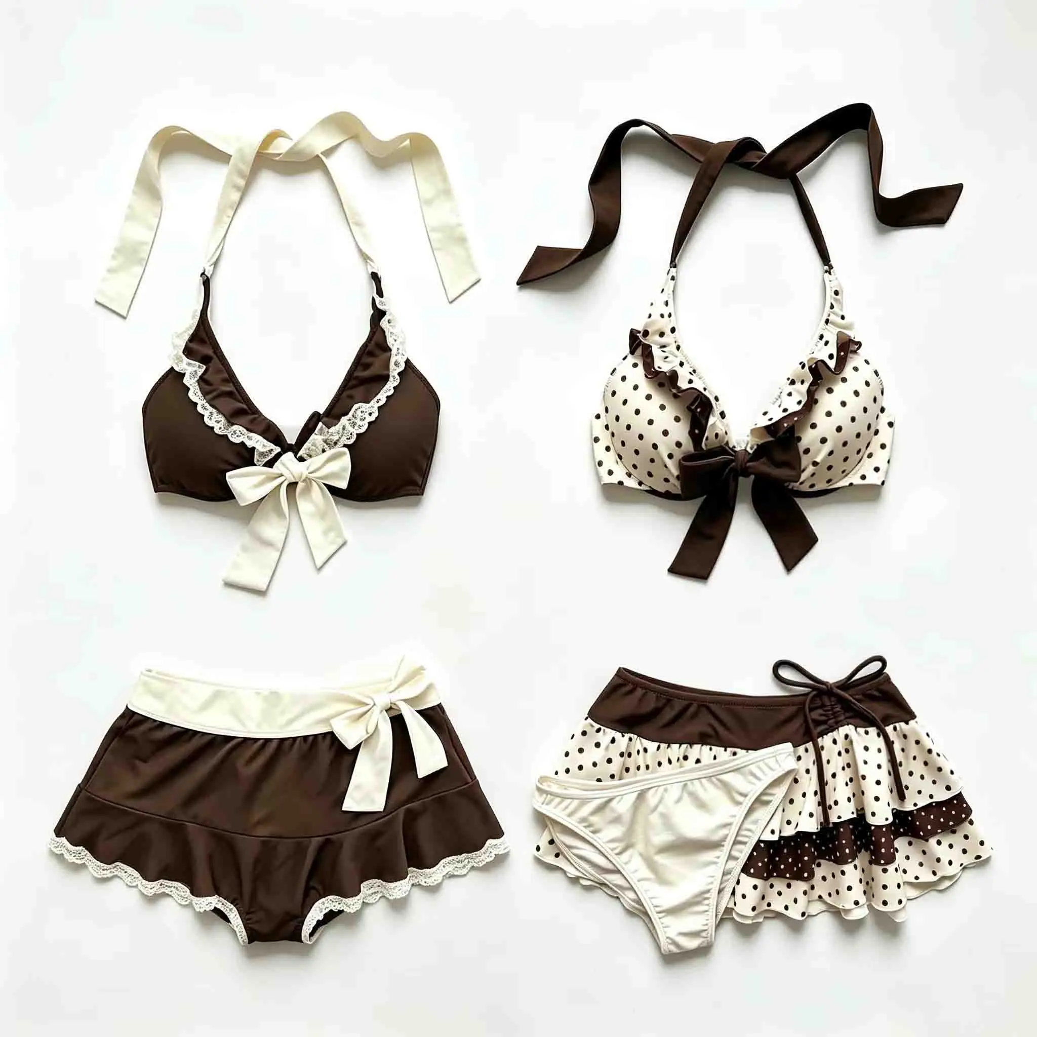 2026 new women's bikini and split swimsuit hanging neck ruffled lace polka dot bow bikini set three piece set