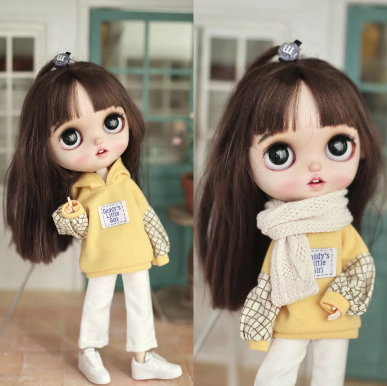 H01-A041 children handmade toy 1/6 ob24 azone blyth doll clothes yellow hooded plaid sweatshirt  1pcs