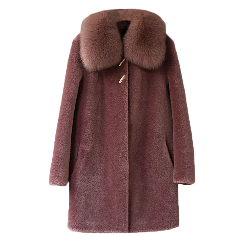 MENINA BONITA 2022 New Winter Sheep Shearing All Wool Fur Coat Real Fox Fur Collar Mid-length Loose Warm Women Fashion Outerwear