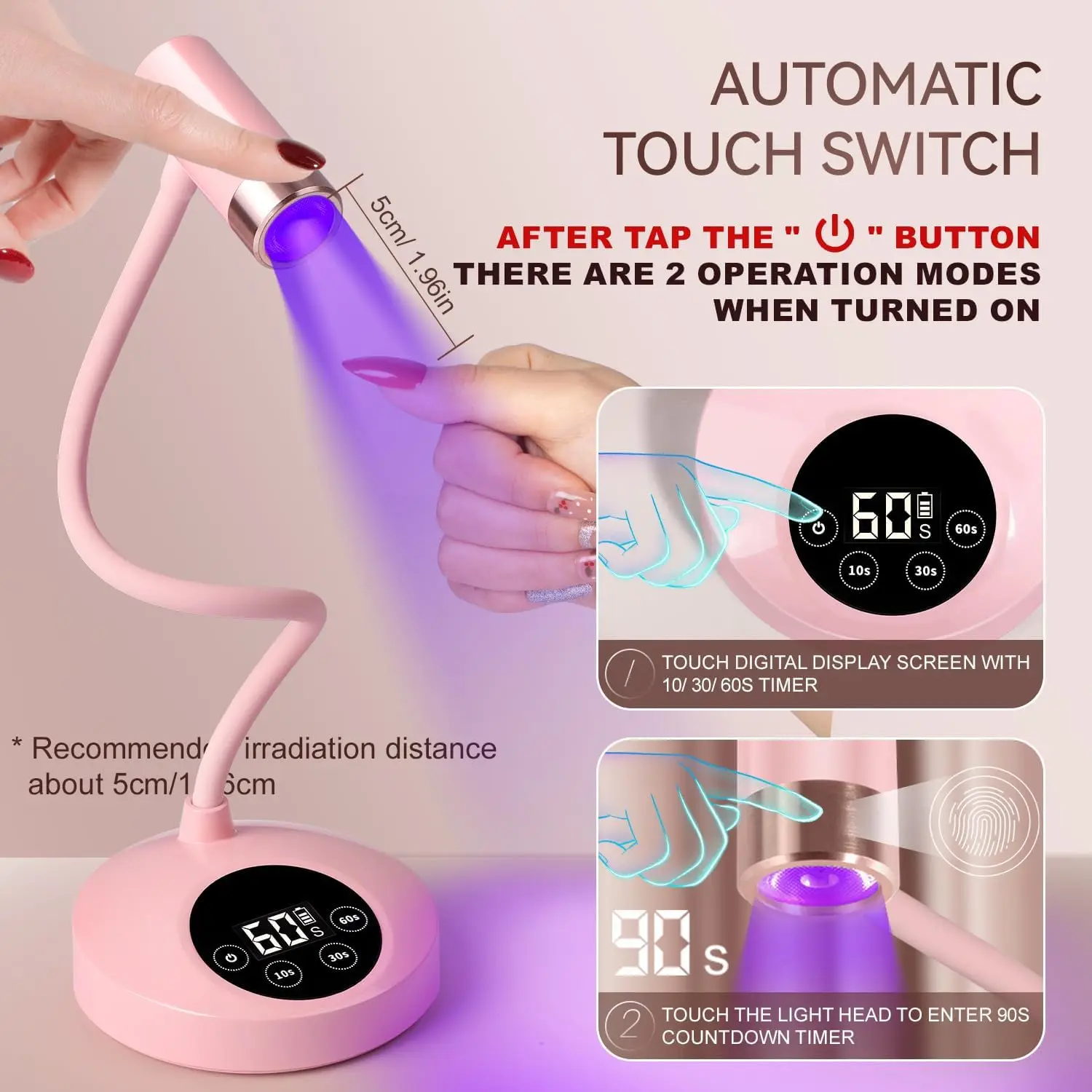 Lampe à ongles UV LED, lampe à col de cygne rechargeable pour ongles 12W LED sèche-ongles avec 4 minuteries et capteur automatique