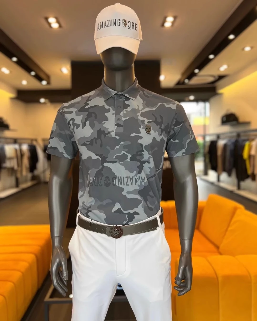 

Cooling Men's Golf Polo Shirt, Lightweight Camo Print Stretch Top, Moisture Wicking Long Sleeve Performance