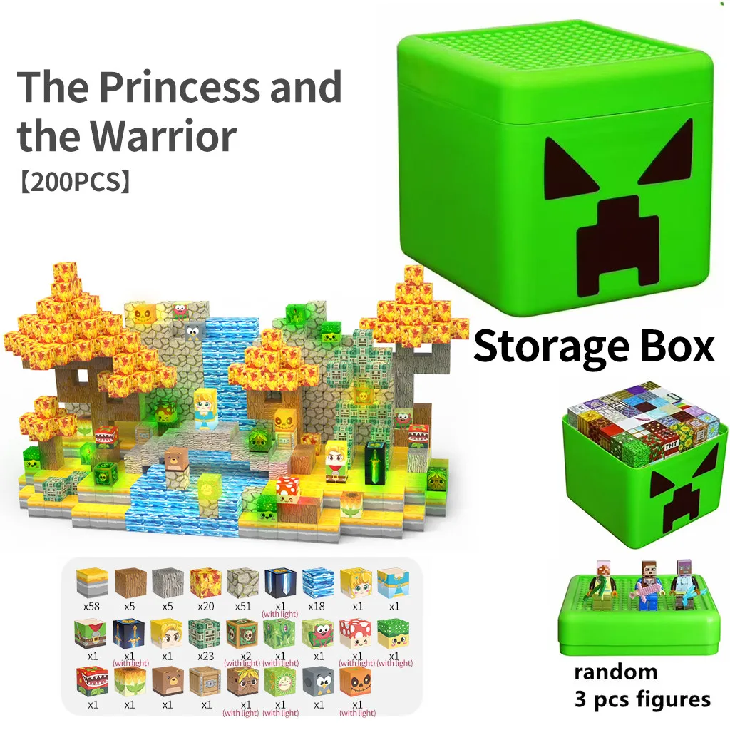 Blocos de construção magnéticos da princesa e o guerreiro com luzes brinquedos DIY, presente criativo para crianças