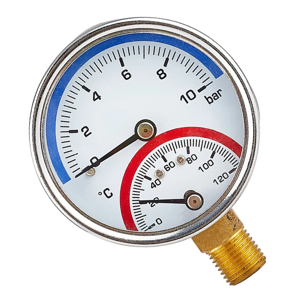 Brass Connected Dual Parameter Gauge 0-10 Bar 0-120 C Radial Style for Home Heating and Industrial Fluid Systems