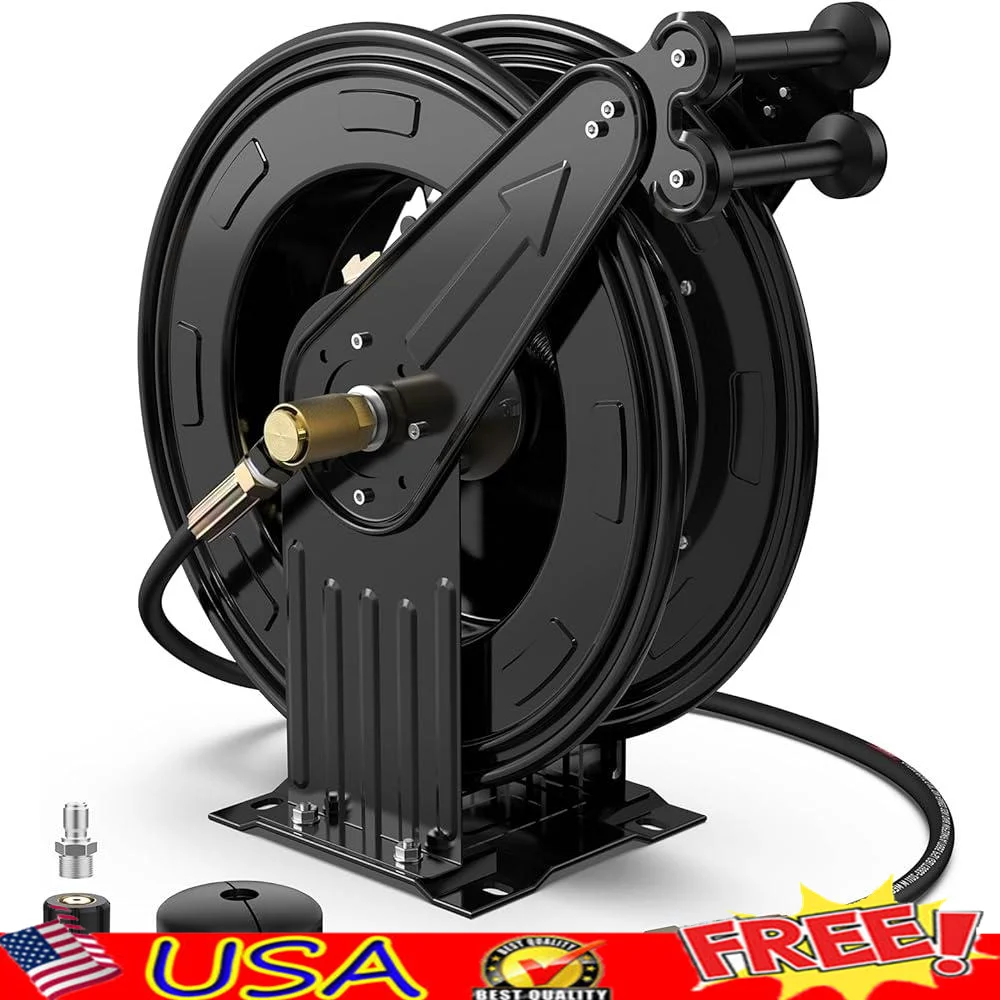 

Heavy Duty Pressure Washer Hose Reel 3/8in x 50ft Auto Rewind Dual Arm Steel Construction 4000 PSI Leak Proof Fittings