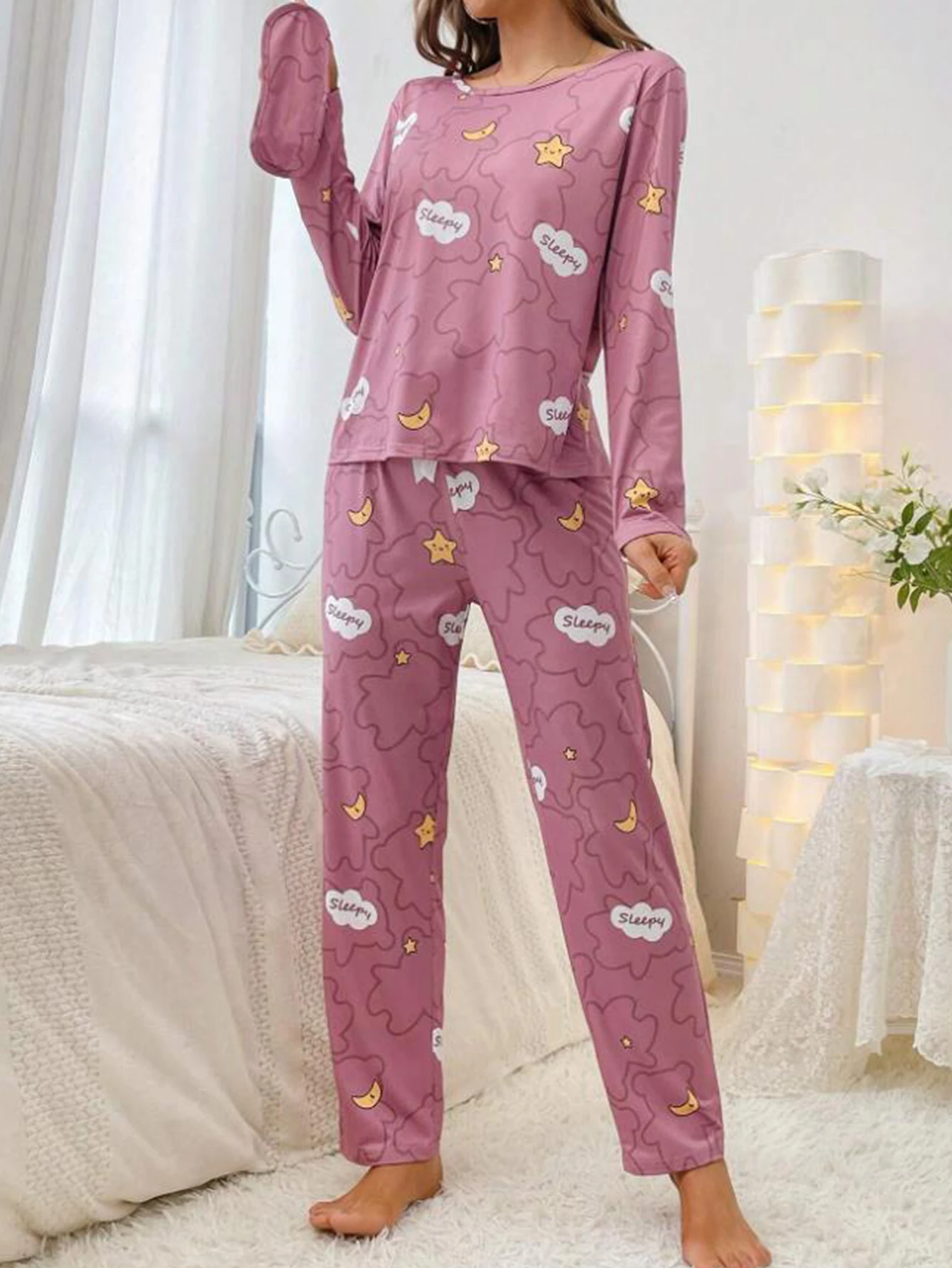 Set pigiama donna Cloud Moon Star Print manica lunga girocollo Top pantalone elastico con maschera per gli occhi pigiameria da donna Loungerwear