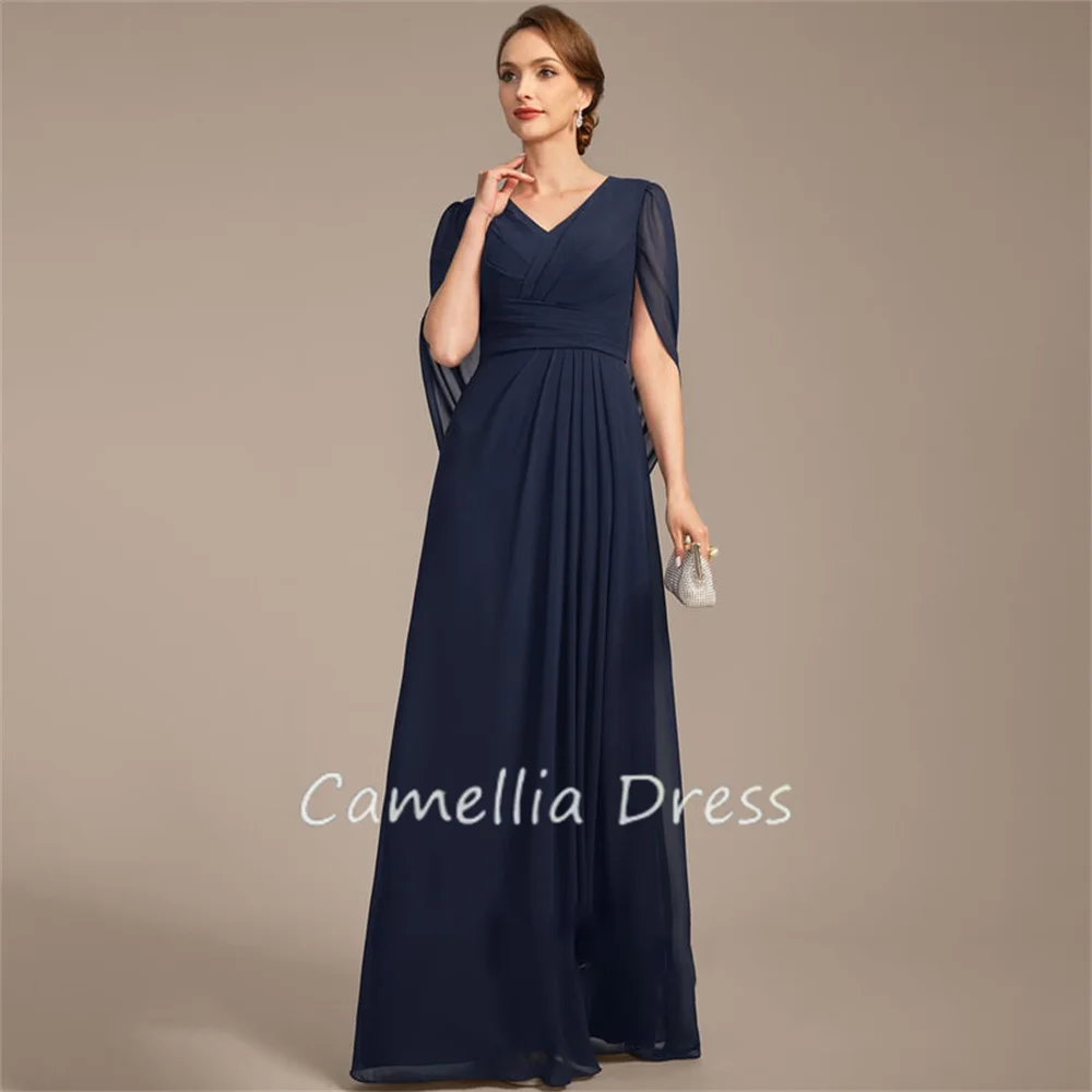 New V Neck Mother Of The Bride Dress A Line Floor-Length Chiffon Formal Dresses With Pleated Vestidos Mae Da Noiva Casamentos