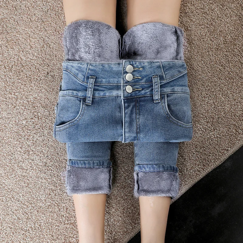 

Blue Fleece Jeans For Women, High-waisted Multi-button Skinny Stretch Thickened Denim Pants Autumn Winter