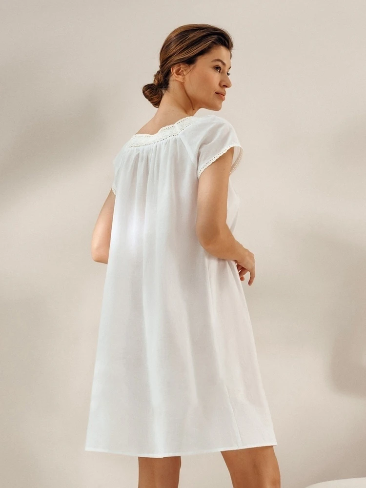 Hiloc White Night Dress Women Sleepwear Cotton Short Sleeve Loose Lace Patchwork Woman Dresses Solid 2024 Summer Casual Female