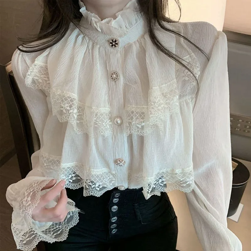 Women\'s Elegant Lace Ruffles Spliced Blouse Autumn New Fashion Female Clothing Sweet Half High Collar Solid Color Button Shirt