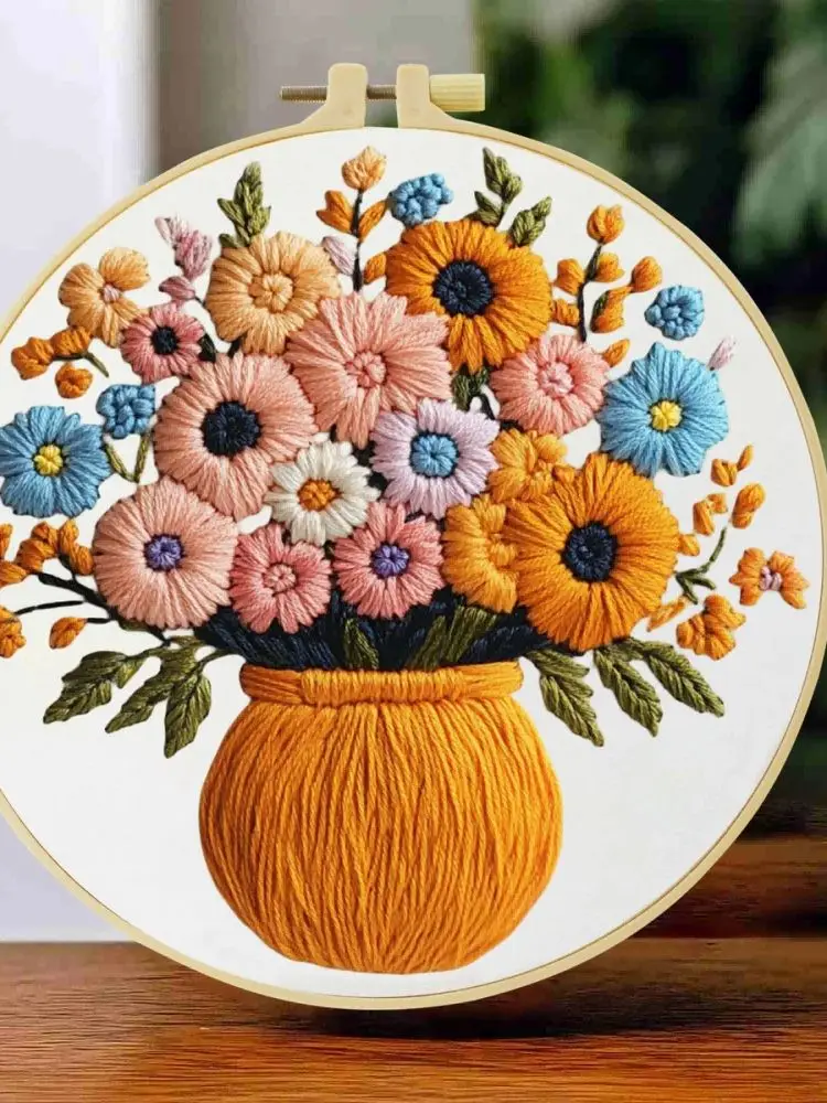 1 Stück 20X20CM/15X15CM Stickerei-Starter-Kit DIY-Set Kreuzstich Nähkunst - Vase und Blumen – Detail 1