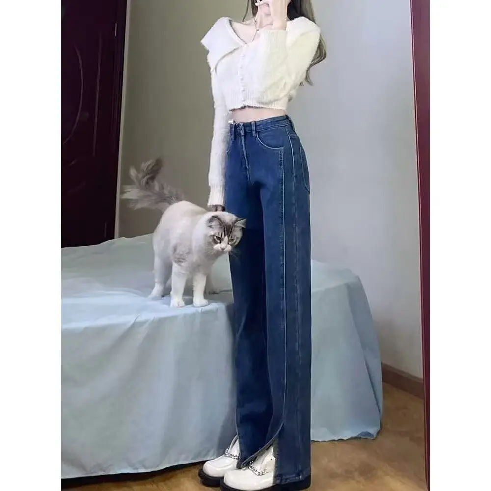 

Джинсы женские с высокой талией, прямые, из денима, осенне-зимние, новые, больших размеров, скрывающие недостатки фигуры, стройнящие, длинные брюки