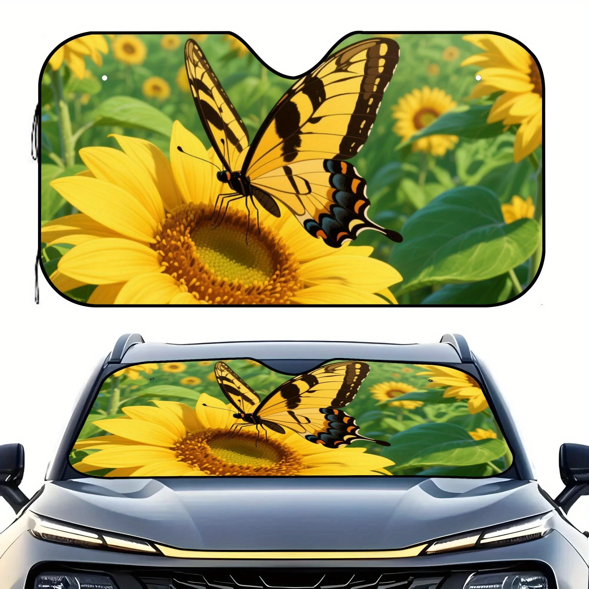 Butterfly Sunflower Field Sun 1pc Car Windscreen Windshield Front Cover, Anti Snow Frost Ice Shield Dust Heat Sun Protector Mat