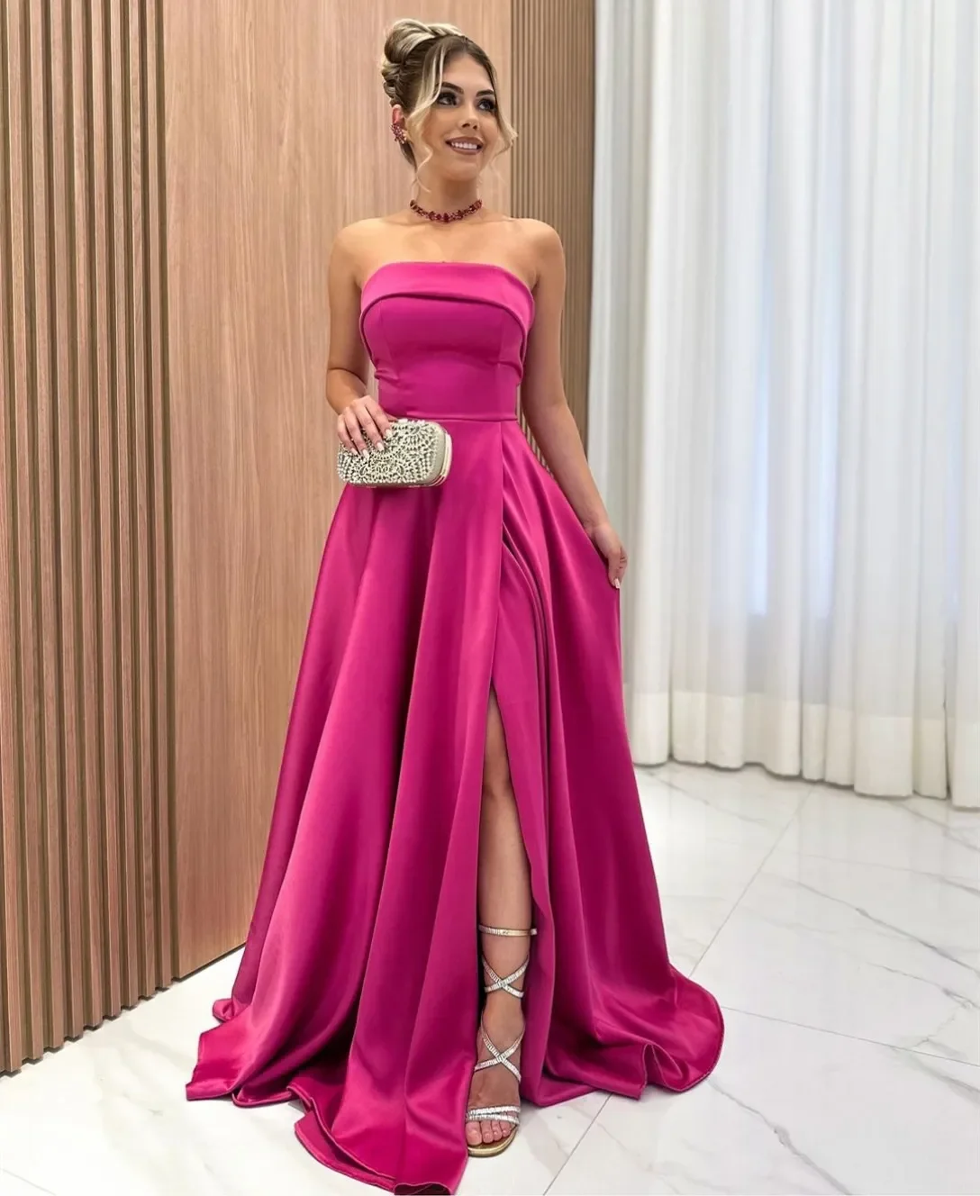 

Customized Elegant Long Fuchsia Prom Dresses A-Line Strapless Floor Length Sweep Train Evening Party Dresses for Women