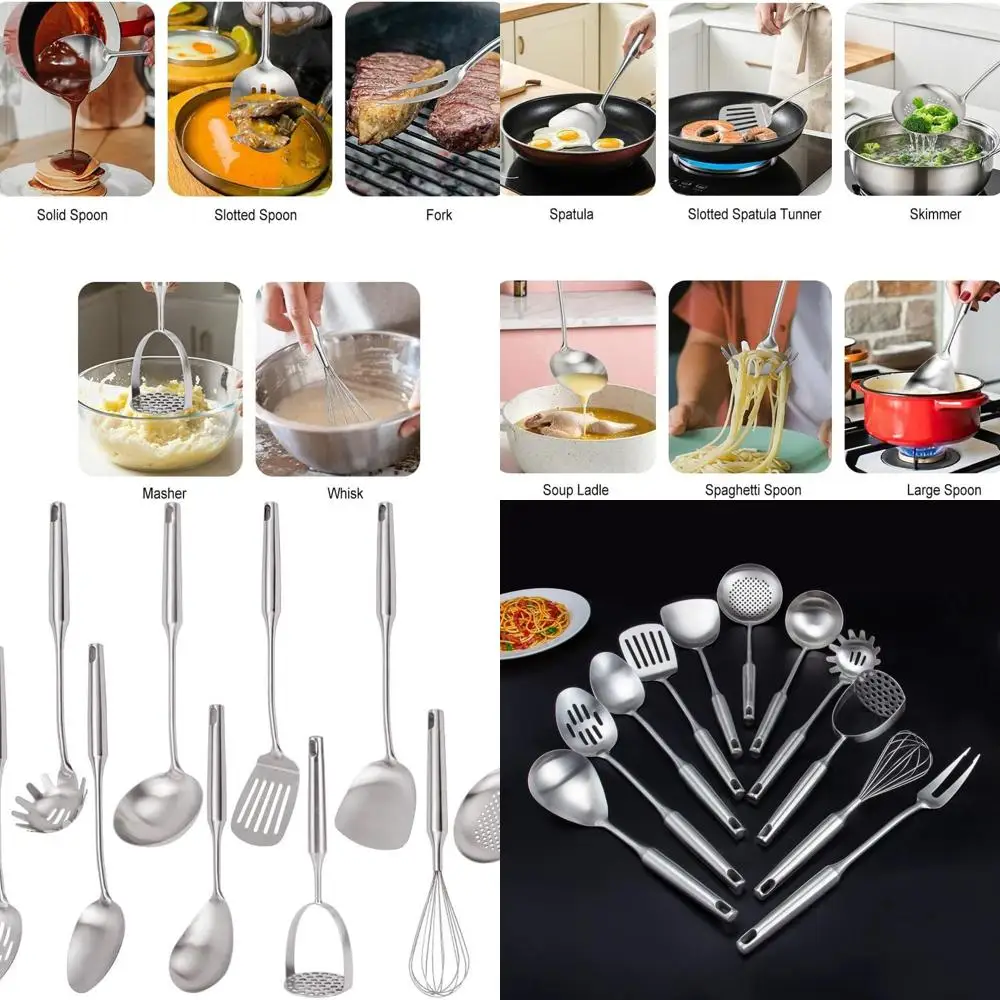 

11-Piece Stainless Steel Kitchen Utensil Set: Masher, Fork, Spoons, Spatula, Whisk, Skimmer, Ladles, Spaghetti Spoon