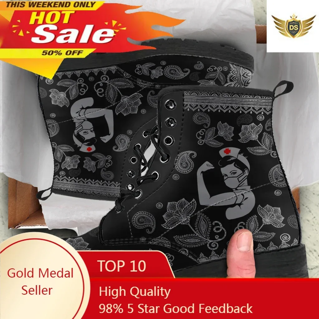 

New Nurse Design Lace Up Women's Boots Print On Demand Comfortabel Ladies Ankle Boots PU Leather Rubber Sole Booties For Female