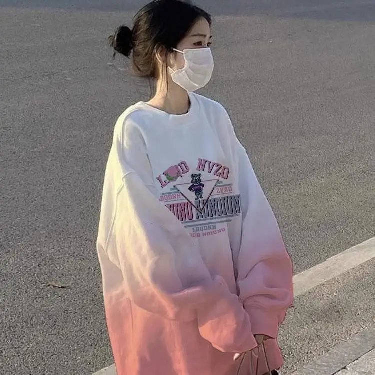 Sudadera con capucha de color rosa degradado para mujer, ropa de otoño de dopamina, top fino de manga larga para perezosos, novedad de 2024