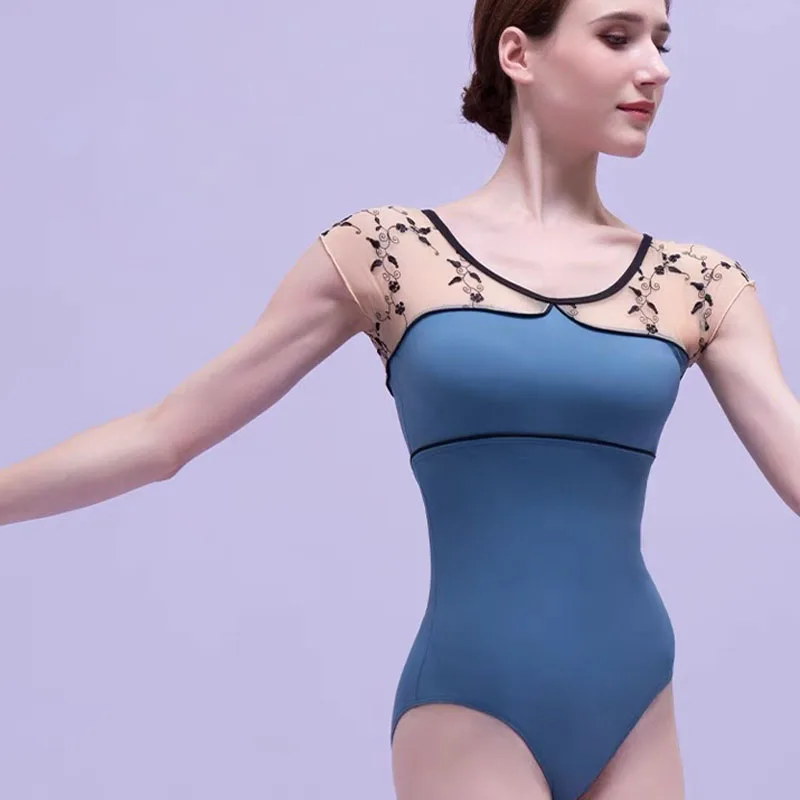 Nieuwe Geborduurde Balletmaillots Voor Vrouwen Elegante Korte Mouwen Danskleding Volwassen Gymnastiek Badpak Ballerina Podium Professional