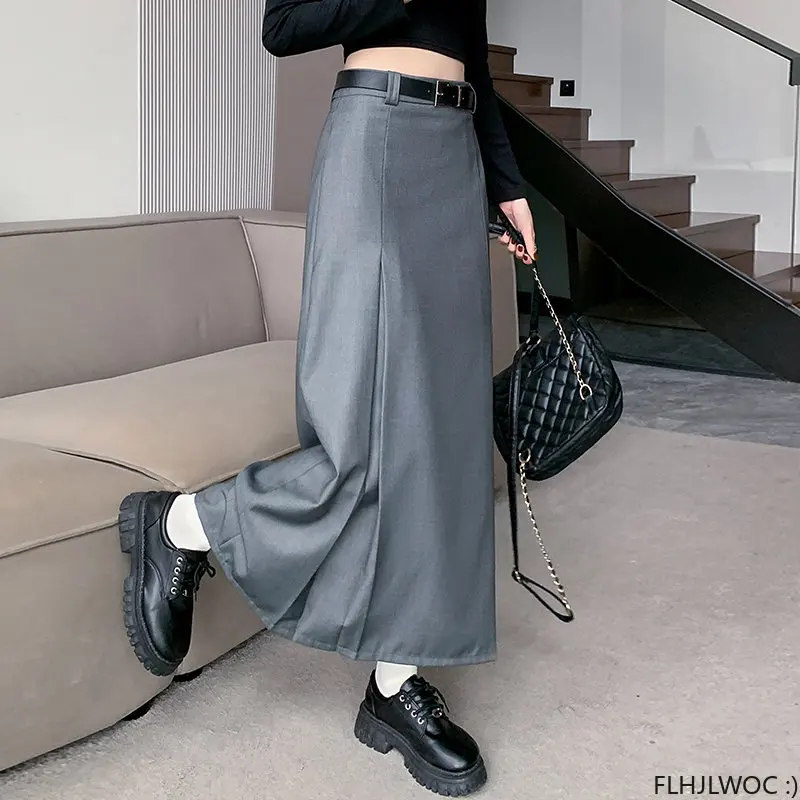 3 Colors Skirt With Belt Hot Sales Women Preppy Style Girls Korean Design Solid Black High Waist Long Skirts