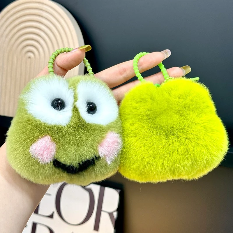 Soft Rabbit Hair Frog Shape Keychain For Women Plush Real Fur Ball Cute Keyring Bag Pendant Car Key Chain Girl Kids Couple Gift