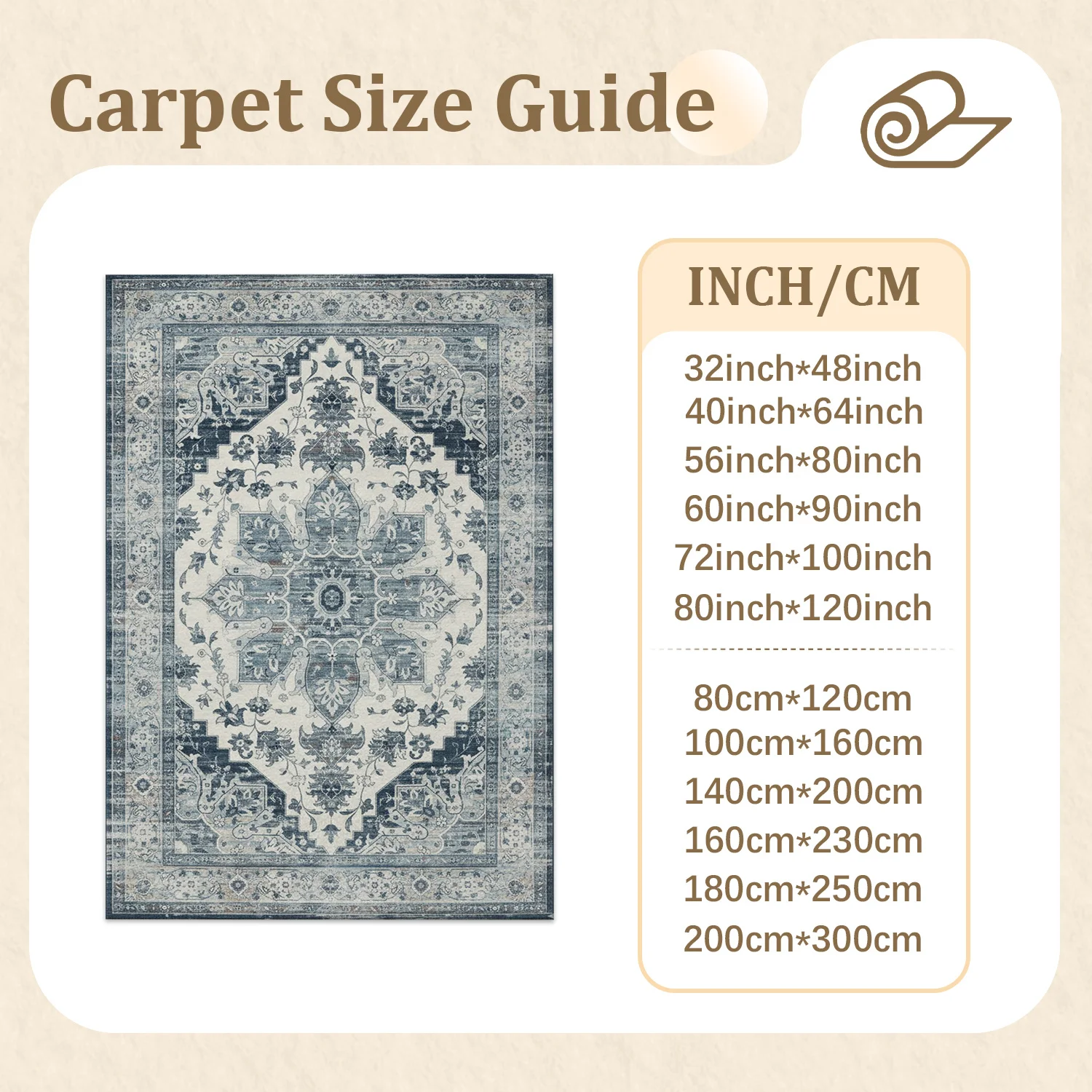 Large Indoor Area Rug, Soft Velvet Low Pile Non-slip Dotted Backing Machine Washable Vintage Distressed Medallion Rug for Living Room Bedroom, Blue Cream Accent Area Rug