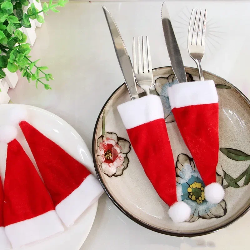 

2PCS Tableware Holder Bag Christmas Decorations Christmas Hat Christmas Home Decoration Tableware Holde Kitchen Supplies