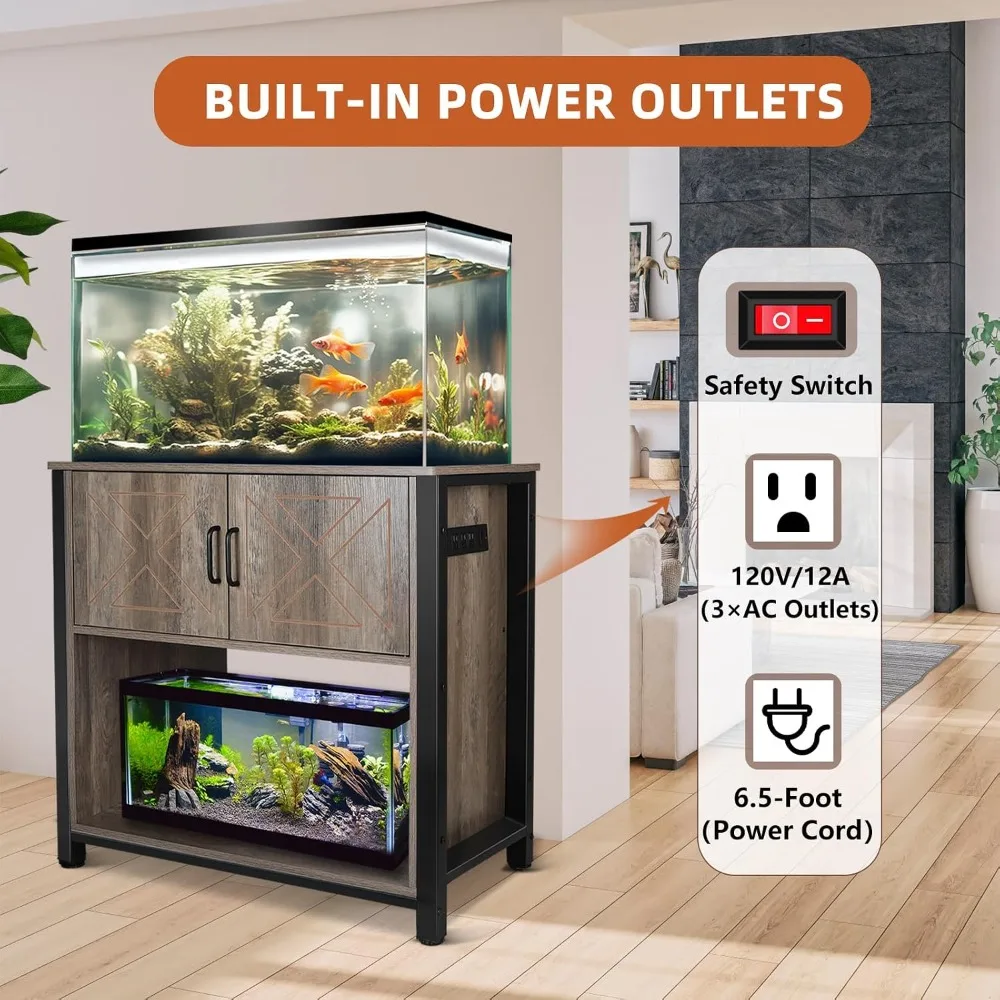 40-50 Gallon Aquarium Stand with Cabinet & Power Outlets, Heavy Duty Metal, 660LBS, Grey