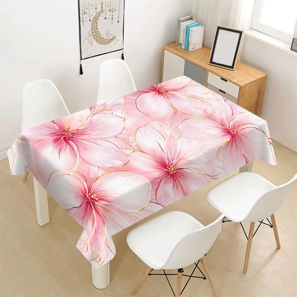 Pink Floral Tablecloth, White Base With Large Pink Flower Gold Line Print, Rectangular Table Cover for Dining Room Home Decor