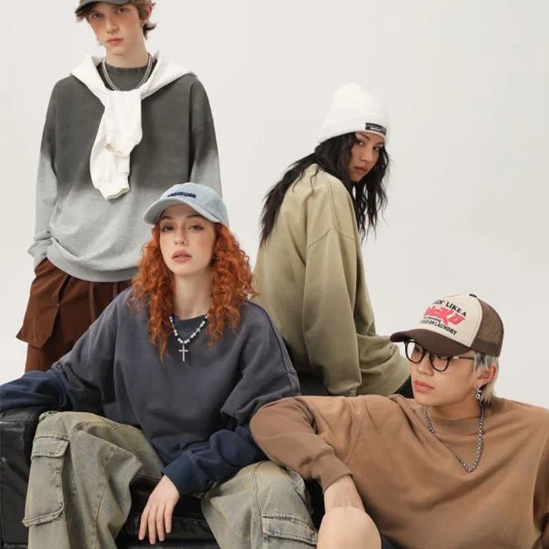 370g Y2K Fashion Mens Batik Washed Cotton Sweatshirts for Winter Gradient Loose Fit Hoodies Plus Size Casual Hip Hop Top