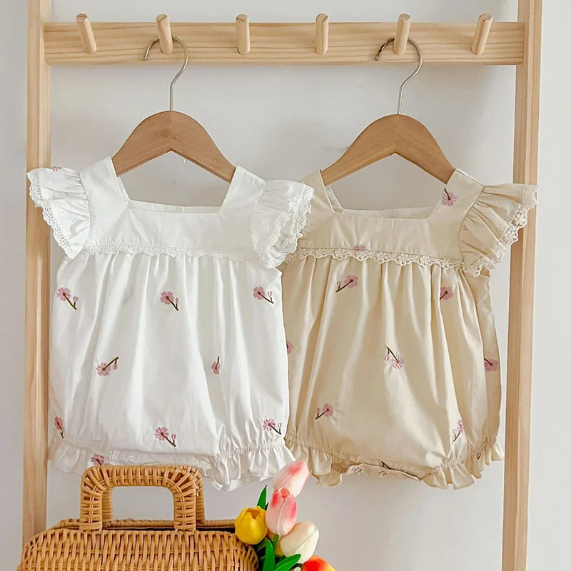 

Summer Infant Baby Girl Bodysuits Flying Sleeve Cotton Embroidery Newborn Baby Girl Jumpsuit 0-24M Baby Girl Clothing