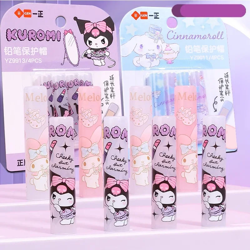 4Pcs/Set Sanrio Kawaii Cartoon Mymelody Cinnamoroll Pochacco kuromi Pencil Protector Cover Student Pen Pencil Extender Cap Gift