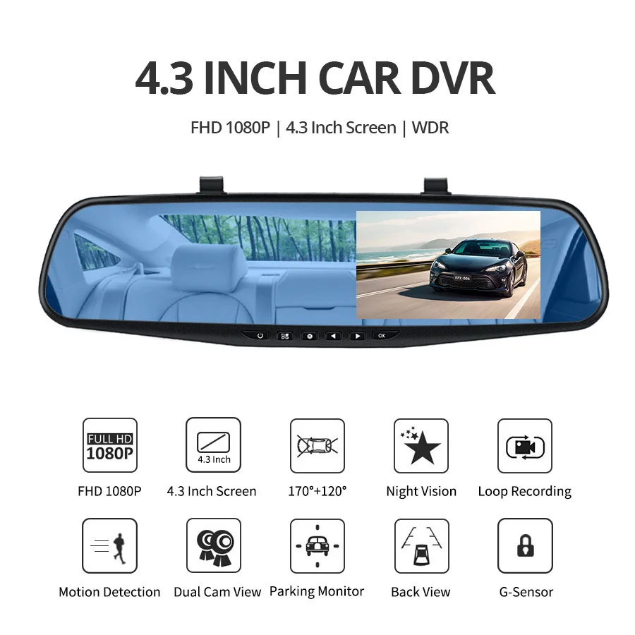 E-ACE Dashcam Auto Dvr 4,3 Zoll Spiegel FHD 1080P Kamera Optional Dual Objektiv DVR Rückspiegel Dash Kamera video Recorder Auto – Detail 6