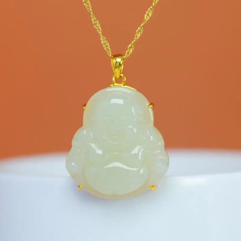 Genuine China Nephrite Stone Hetian Jade 925 Silver Buddha Pendant Necklace Women Certified Jewelry Elegant Gift For Girlfriend