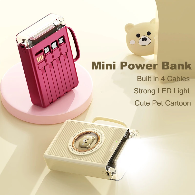 

Mini Power Bank 20000mAh with Light Built in Cable Portable Charger External Battery Powerbank for iPhone Samsung Xiaomi Huawei