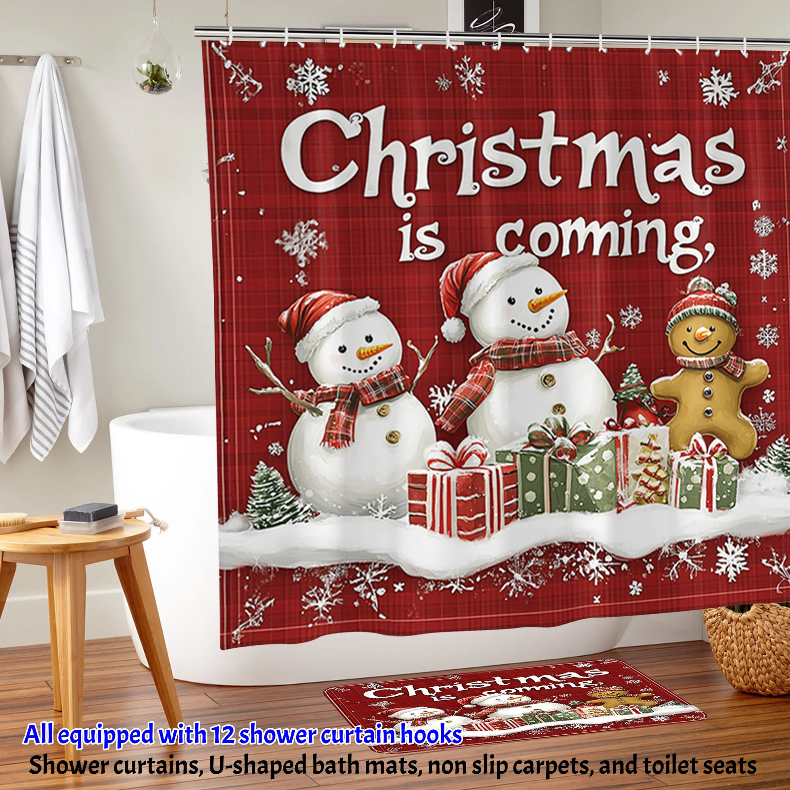 

4PCS Happy New Year Decorative Bathroom Shower Curtain And Rug Set with Father Christmas And Snowman Design Shower Curtain