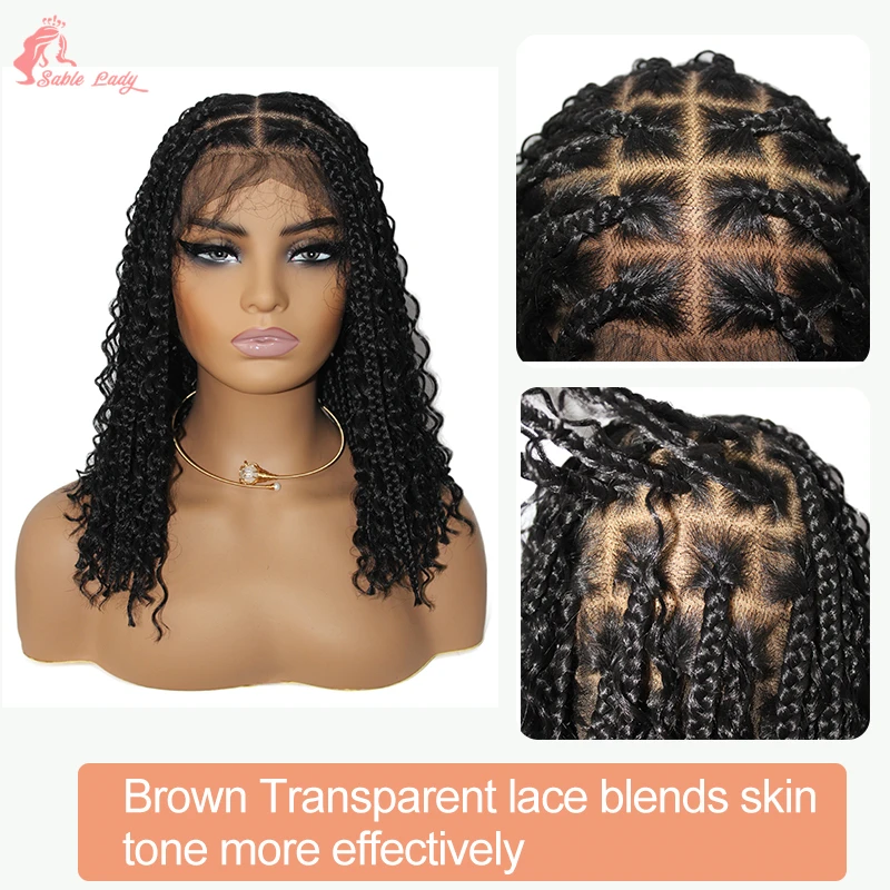 Pelucas sintéticas de 12 ", pelo corto trenzado Bob, caja de pelucas de encaje trenzado sin nudos, diosa Bohemia, rizada, transparente, encaje completo