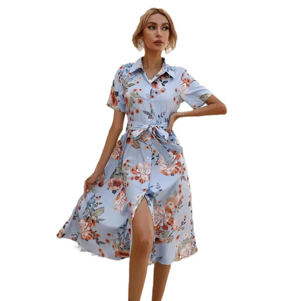 High Quality Women Clothing Hot Selling 2024 Summer Waistband Single Breasted Button Printed Short Sleeved Lapel Dress Vestidos