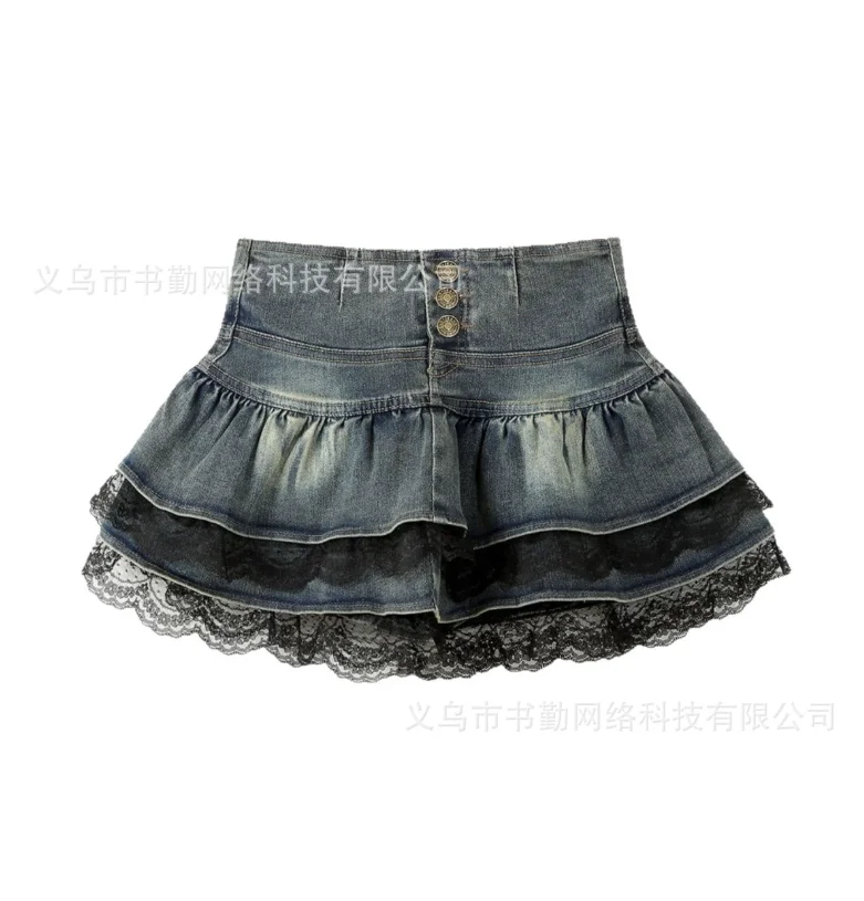 

Summer Women Vintage Hottie Denim Pleated Skirt Lace Fold Design A-line Mini Skirt American Spicy Girl Korea New Fashion w56