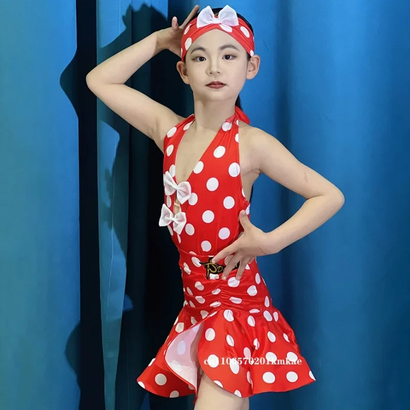 水玉模様のラテンドレスダンス衣装女の子パフォーマンス服夏ノースリーブ練習ドレス子供ラテン競技ドレス