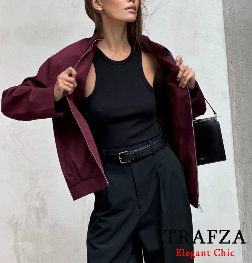 TRAFZA-Women Vintage Loose Lapel Jacket Burgundy Color Zipper Jacket New 2024 Autumn Stylish Versatile Casual Jacket